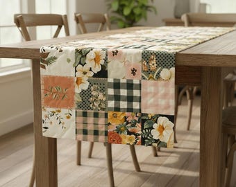 Quilted Floral Table Runner – Spring Summer Patchwork Print Design