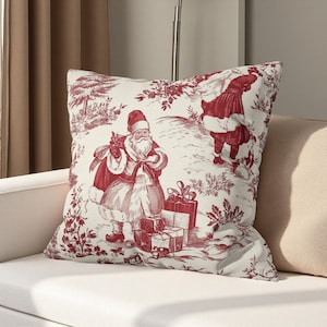 Red Toile Christmas Pillow Cover: Santa Claus Pine Tree Holiday Decor