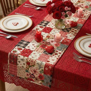 May include: A festive table setting with a red lace tablecloth and a patchwork runner featuring floral and strawberry patterns. The table is set with white plates, silverware, candles, and a bouquet of red roses, creating a romantic ambiance.