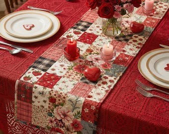 Floral Patchwork Print Quilted Table Runner – Valentine Red and Pink Farmhouse Table Decor Mother's Day Gift
