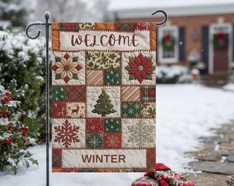 Winter Garden Flag, Quilt-Inspired Patchwork Christmas Yard Decor (12"x18" or 24.5"x32")