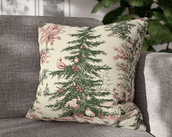 Green Toile Christmas Pillow Cover: Vintage Holiday Pines Decor