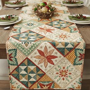 Könnte beinhalten: Dekorativer Tischläufer mit Patchwork-Design, das geometrische und florale Muster in Rot-, Grün- und Goldtönen aufweist. Der Läufer liegt auf einem Holztisch, mit Gedecken und einem Tischschmuck.