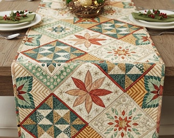 Rustic Patchwork Print Quilted Table Runner: Farmhouse Fall and Holiday Dining Room Decor 14'' × 72''