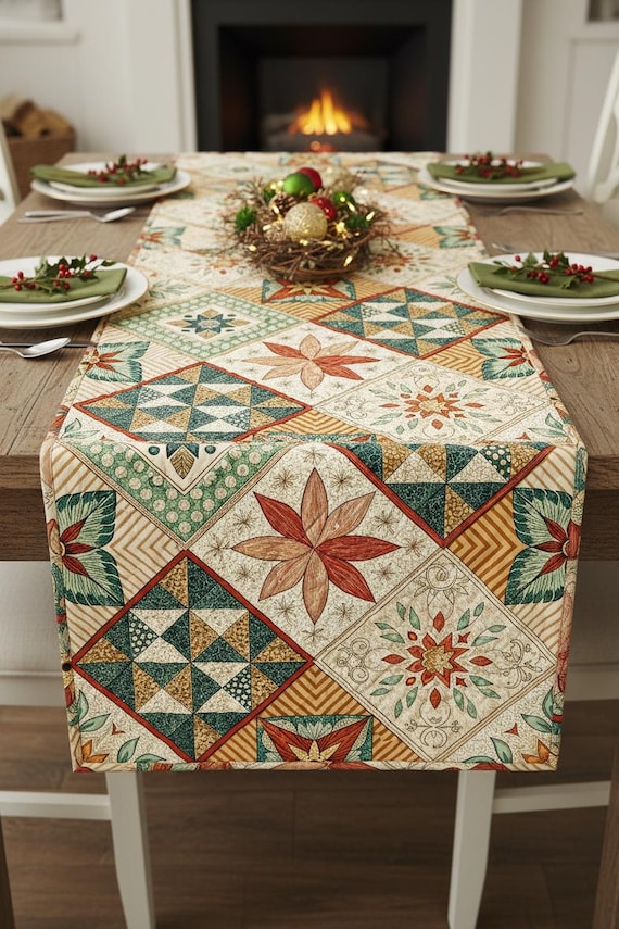 Rustikaler, gesteppter Tischläufer mit Patchwork-Muster: Herbstliche und festliche Esszimmerdekoration im Landhausstil, 35,5 cm × 183 cm