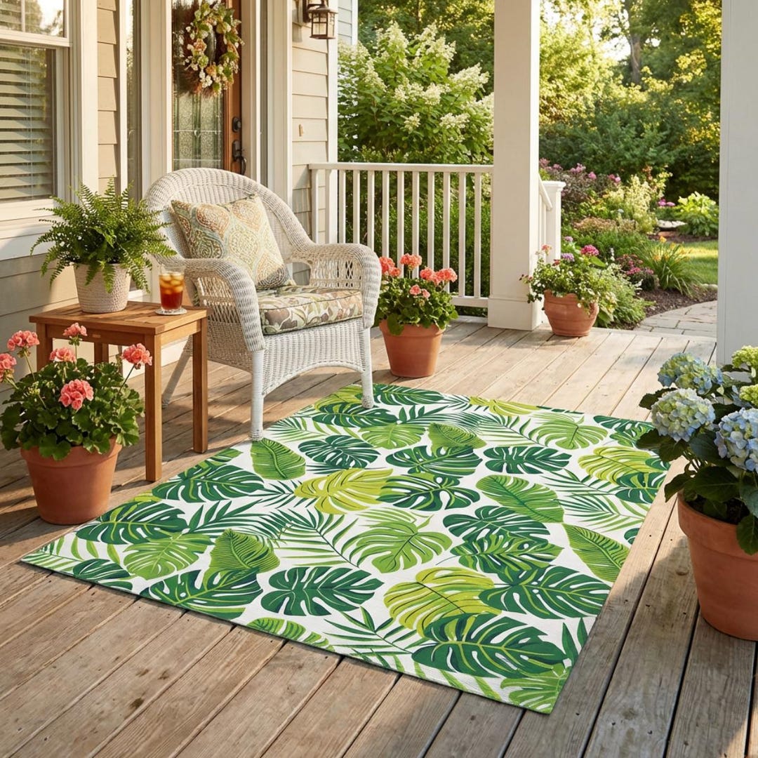 Monstera Leaf Outdoor Rug: Tropical Patio Decor, Waterproof Carpet