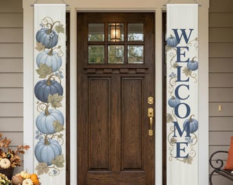 Blue Pumpkin Fall Porch Banners, Welcome Door Decor (Set of 2)