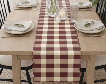 Neutral Gingham Table Runner, Farmhouse Fall Dining Accent, Cozy Autumn Decor