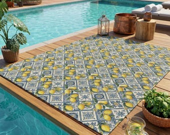 Tappeto da esterno Lemon - Tappeto in piastrelle mediterranee, Tappetino per patio a bordo piscina, Decorazione costiera per esterni, Veranda estiva
