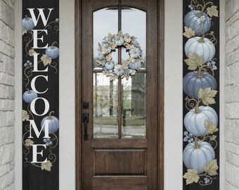 Fall Porch Banner, Blue Pumpkin Welcome Vertical Door Hanging Sign, Autumn Outdoor Decor