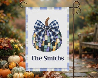 Personalized Patchwork Pumpkin Garden Flag, Gingham Bow, Family Name (12"x18")