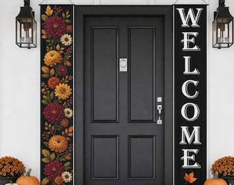 Fall Porch Banner Set, Welcome Autumn Floral Door Decor, Black Seasonal Outdoor Farmhouse Sign