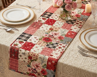 Chemin de table matelassé à imprimé patchwork floral – Décoration de table de ferme rouge et rose pour la Saint-Valentin Cadeau pour la fête des Mères