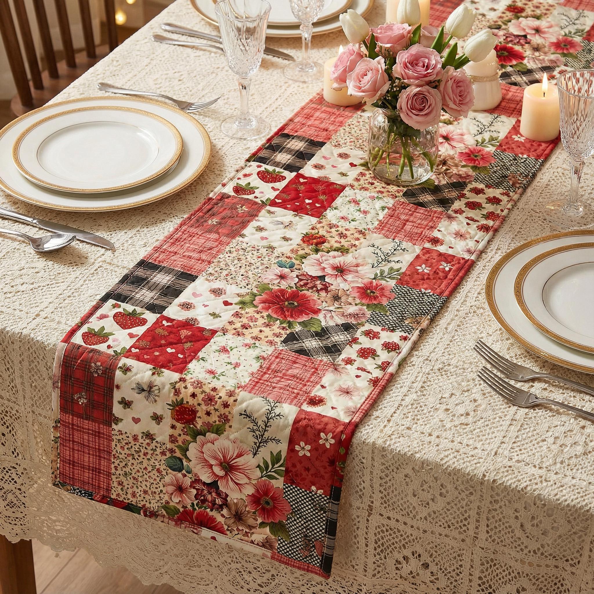Red Patchwork Table Runner Floral Patchwork Print Quilted Table Runner – Valentine Red and Pink ...