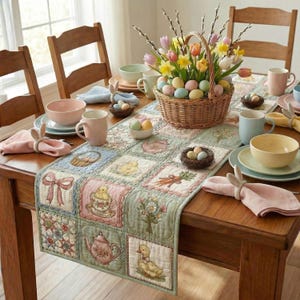 Quilted Easter Table Runner – Pastel Patchwork Print, Spring Decor (14x72'')