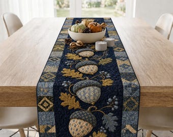 Navy Acorn Table Runner, Quilted Autumn Foliage, Rustic Farmhouse Decor