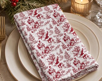 Vintage Christmas Toile Napkin, Red Cream Santa Reindeer, Rustic Holiday Table Linen