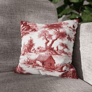 Red French Toile Pillow Cover: Cottagecore Farmhouse Cushion