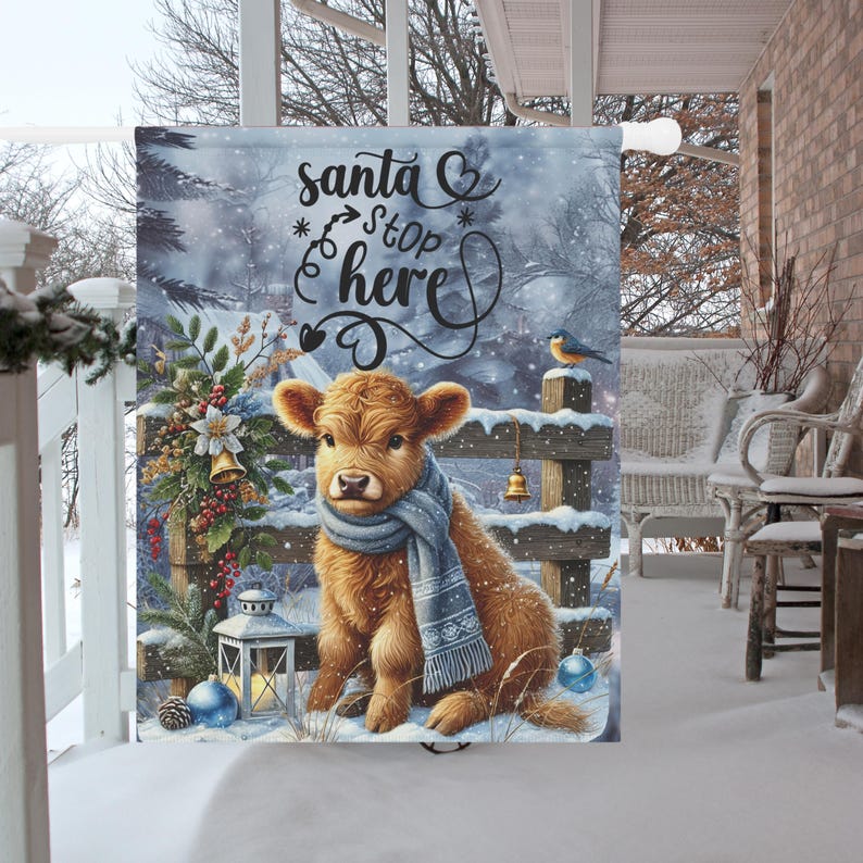 Santa Stop Here Christmas Flag Highland Cow Holiday Yard Flag Scottish