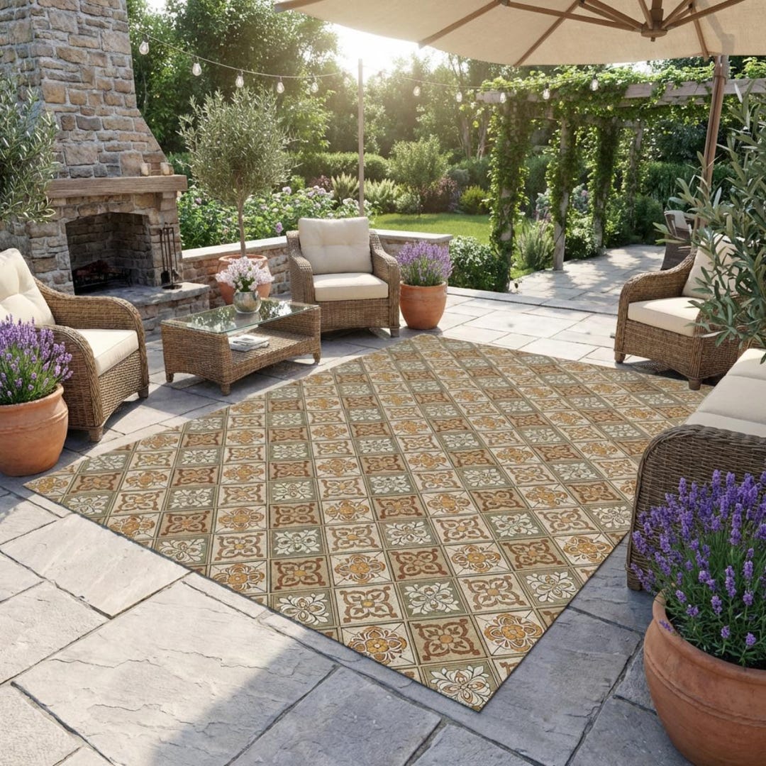 Vintage Geometric Pattern Outdoor Rug – Beige Brown Floral Patio Carpet ...