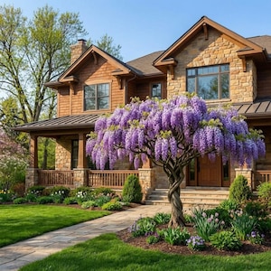 May include: A two-story house with a stone and wood exterior, a porch, and a lush green lawn. A mature wisteria tree with cascading purple flowers is in front of the house, and a stone walkway leads to the front door.