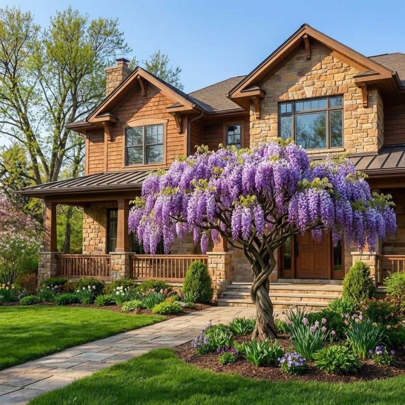 May include: A two-story house with a stone and wood exterior, a porch, and a lush green lawn. A mature wisteria tree with cascading purple flowers is in front of the house, and a stone walkway leads to the front door.