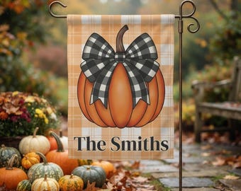Personalized Fall Garden Flag: Coquette Pumpkin Buffalo Plaid Monogram