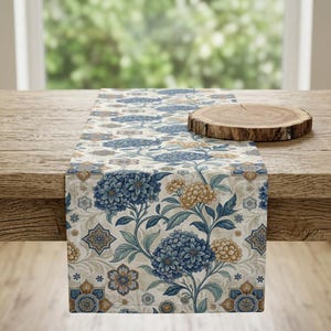May include: A rectangular table runner featuring a repeating pattern of blue and gold hydrangea flowers, green leaves, and geometric floral motifs on a light beige background, with a round wooden slice resting on the fabric surface.