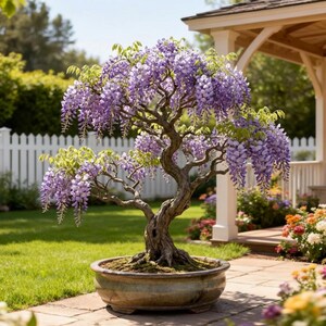 May include: A bonsai wisteria tree in a ceramic pot. The tree features a twisted trunk and cascading clusters of purple flowers. The pot is set on a brick patio with a green lawn and white picket fence in the background.