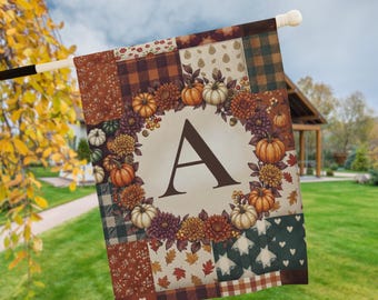 Personalized Monogram Fall Garden Flag, Patchwork Pumpkin Porch Decor (Outdoor)