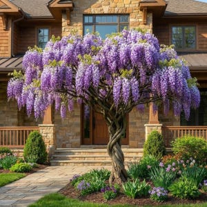 May include: A mature wisteria tree with cascading purple flowers in full bloom. The tree's twisted trunk and branches are visible, set against a backdrop of a stone and wood house with a manicured lawn and garden.