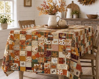 Fall Faux Patchwork Tablecloth: Autumn Harvest Table Cover Thanksgiving Farmhouse Decor