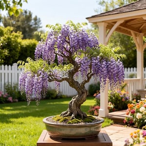 May include: A bonsai tree with cascading purple wisteria flowers. The tree is in a ceramic pot, set on a wooden table, and surrounded by a lush green lawn and a white picket fence. The flowers hang down like purple waterfalls.