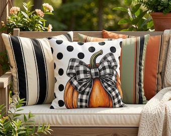 Outdoor Throw Pumpkin Pillow Black Polka Dot & Buffalo Plaid Fall Porch Decor