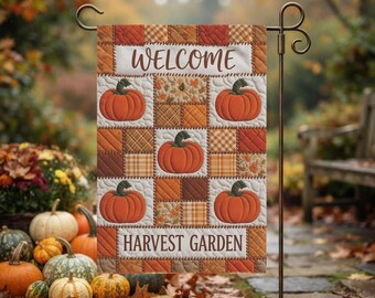 Pumpkin Patch Welcome Garden Banner | Faux Patchwork Harvest Garden Fall Porch Flag