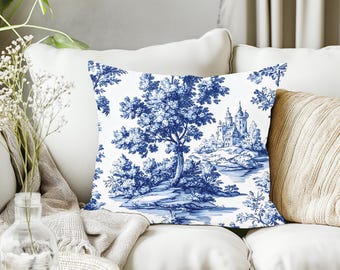Blue French Toile Pillow Cover: Vintage Castle Decor, Rustic Country Style