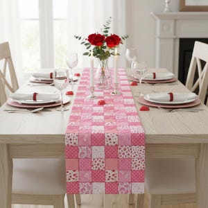 Pink Patchwork Christmas Table Runner: Quilted Valentine Decor, Festive Winter Table Linen