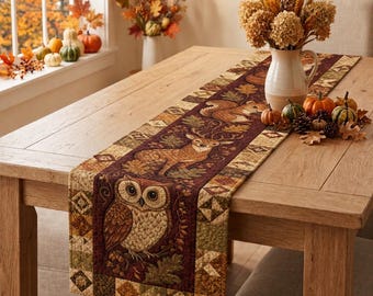 Autumn Woodland Animals Quilted Table Runner - Fox Owl Squirrel Deer Farmhouse Dining Thanksgiving Decor