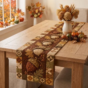 Peut inclure: Un chemin de table matelassé orné d'un motif appliqué de glands et de feuilles de chêne dans des tons de brun, beige et vert. Le chemin de table présente une bordure centrale de carrés en patchwork géométrique sur une table en bois.