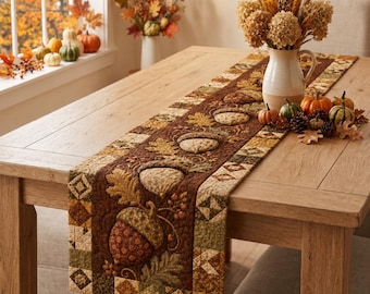 Acorn Table Runner, Fall Harvest Decor, Rustic Farmhouse Patchwork Centerpiece