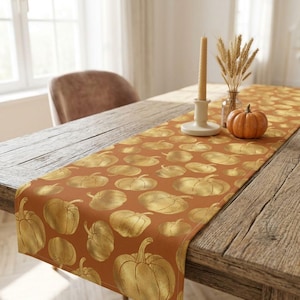 Autumn Gold Pumpkin Table Runner: Thanksgiving Fall Burnt Orange Dining Decor