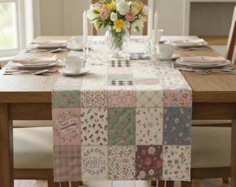 Runner da tavola con stampa patchwork floreale "Grazie mamma" - Decorazione primaverile trapuntata per la tavola