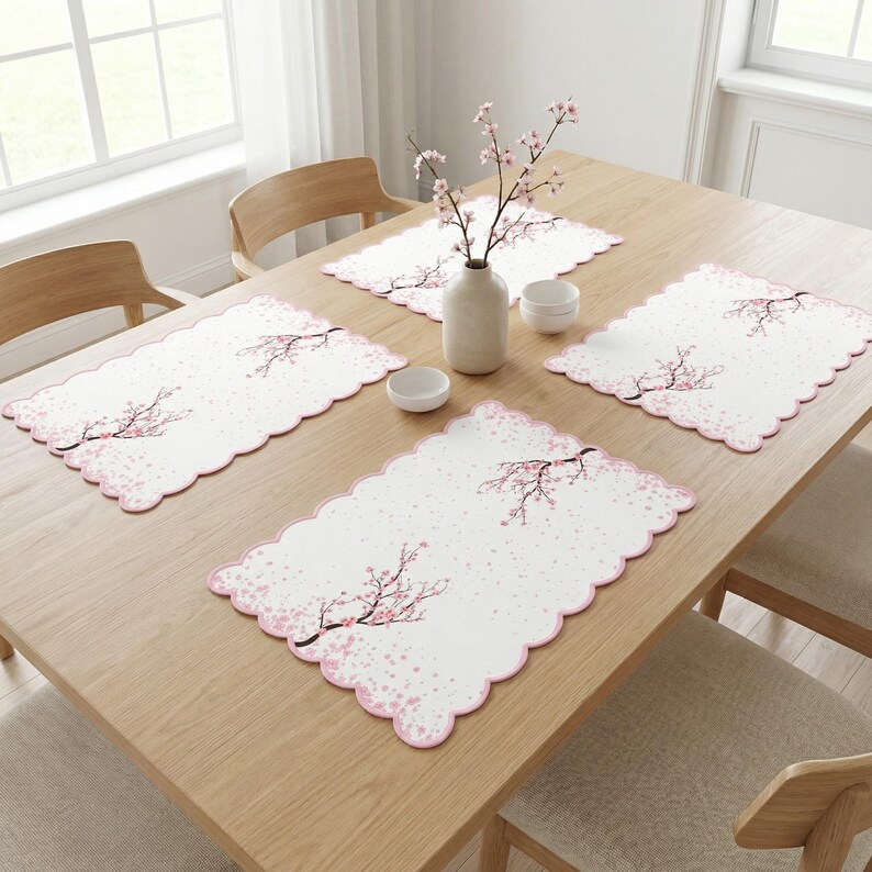 Cherry Blossom Placemats – Set of 4 Scalloped Edge Spring Floral Table ...