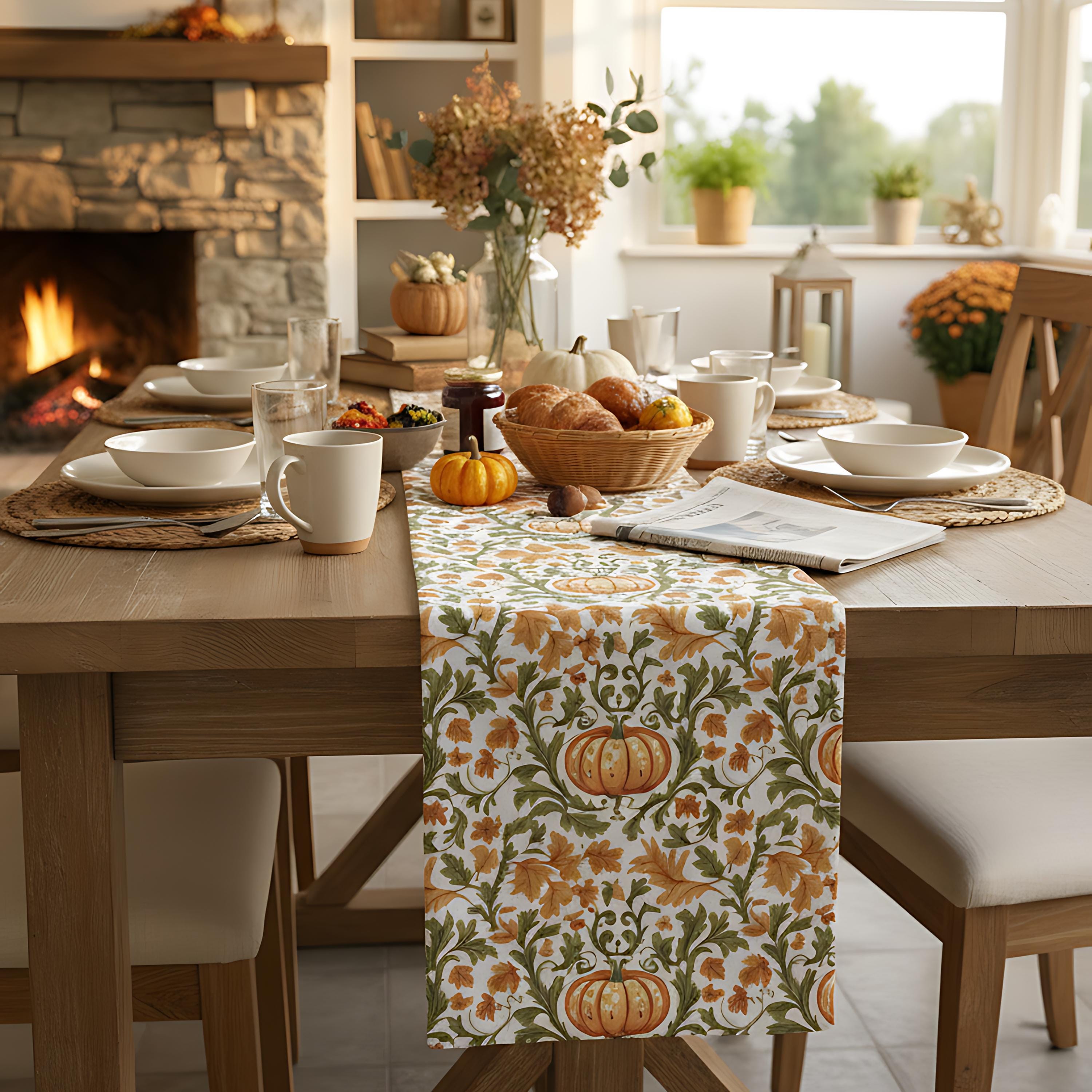 William Morris Pumpkin Table Runner: Vintage Thanksgiving Table