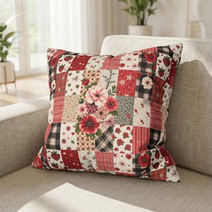 Floral Patchwork Pillow Cover – Red Farmhouse Cottagecore Cushion