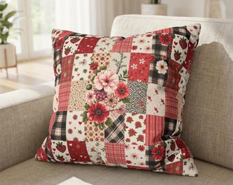 Funda de almohada con estampado floral de patchwork – Cojín rojo estilo granja campestre