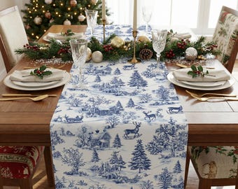 Blue Christmas Table Runner – Winter Woodland Holiday Table Decor Farmhouse Dining