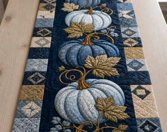 Blue Pumpkin Quilted Table Runner, Navy Farmhouse Fall Decor (14x72")