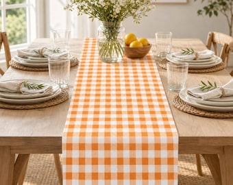 Orange Gingham Fall Table Runner, Farmhouse Thanksgiving Decor, Rustic Harvest Accent
