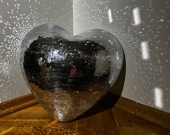 Large Disco Heart Mirror Ball: Handmade Party Decor (12 inch) Silver, Gold, Rose Gold
